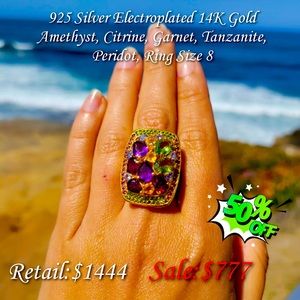 925 Silver * 14K Gold Ring w/ Amethyst/Citrine/Garnet/Tanzanite & Peridot Ring!